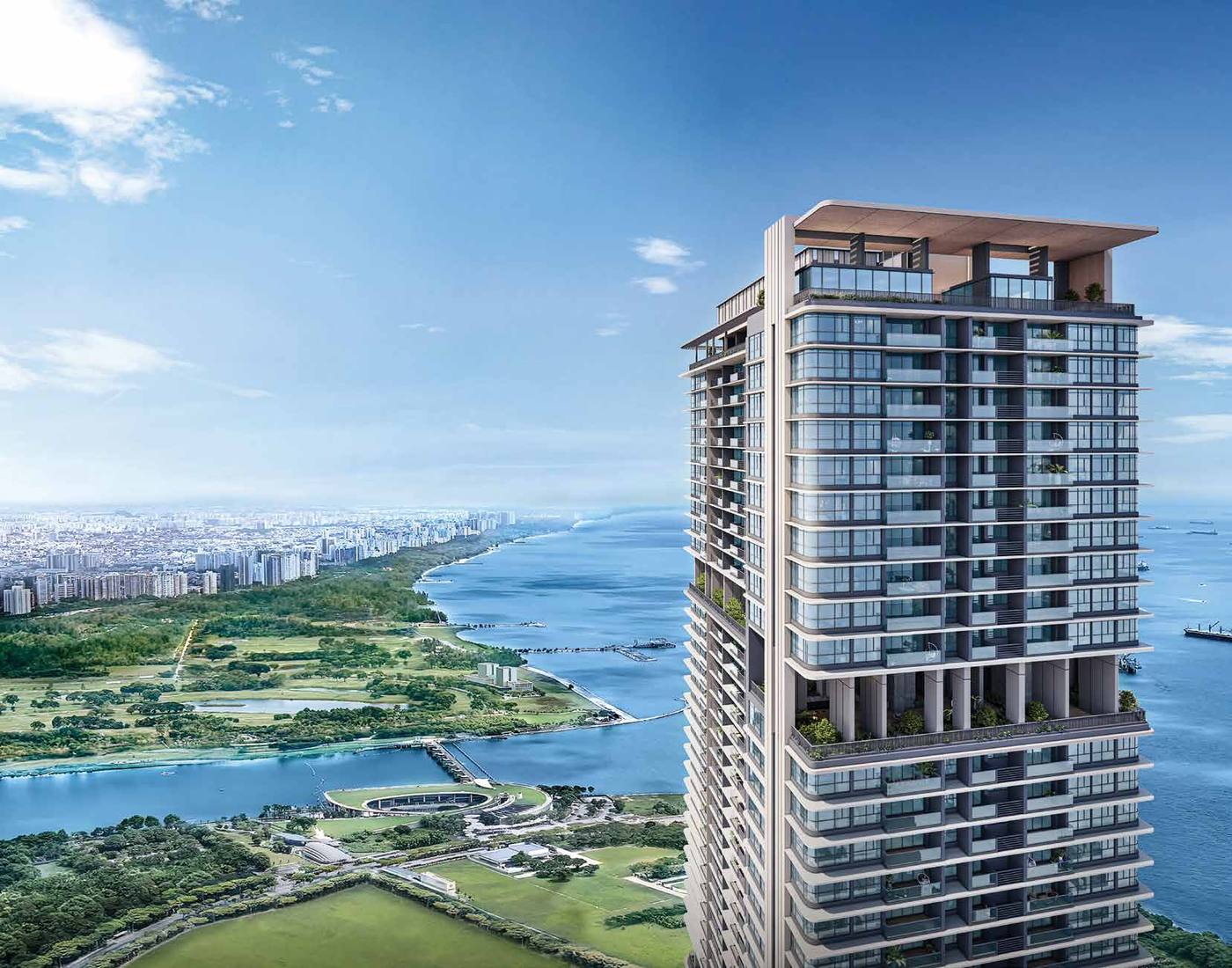 Tower exterior with waterfront views